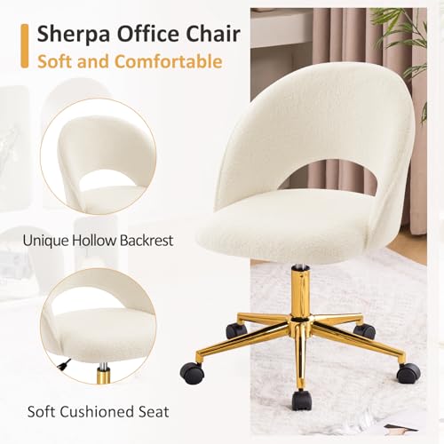 Furniliving Vanity Accent Chair, Modern Cute Round Desk Chairs Adjustment Height Swivel Chair with Wheels Upholstered Sherpa Gold Metal Base for Makeup Living Room Bedroom,White