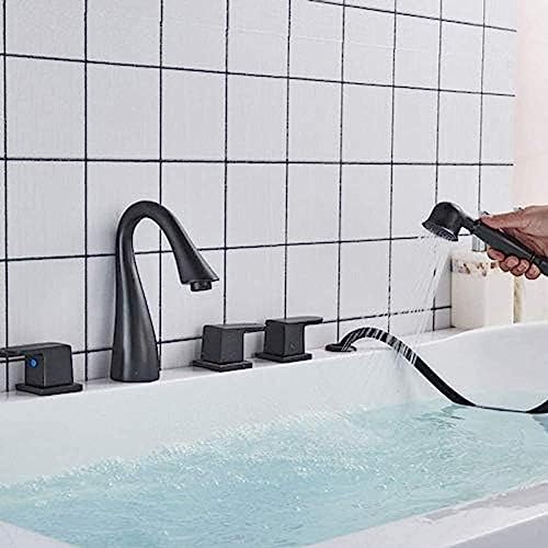 Kitchen Taps Kitchen Tap Faucet Deck Mounted Widespread Bathtub Faucet Black Bronze 3 Brass Handle Bathroom Bathtub Shower Set With Pull-Out Hand Shower