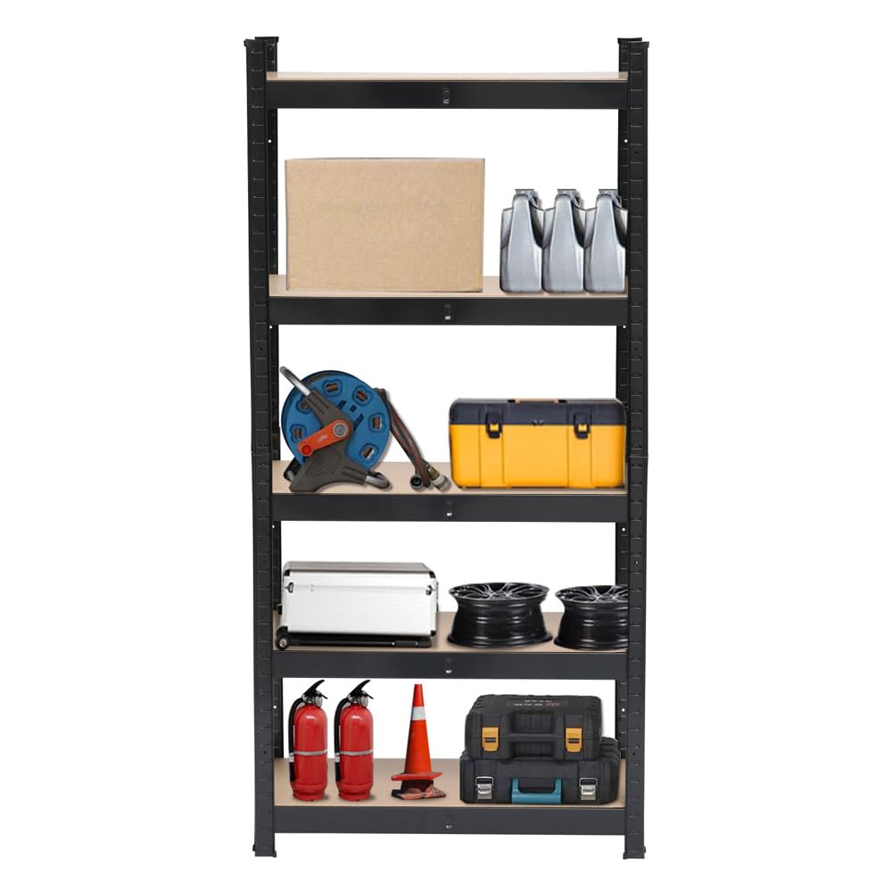 5-Tier Adjustable Storage Shelving, Heavy Duty Garage Shelves, Metal Organizer Utility Rack Large Storage Capacity Sturdy & Stable Galvanized Steel & MDF Rust-Resistant Display Goods Efficiently Black