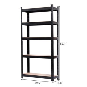 5-Tier Adjustable Storage Shelving, Heavy Duty Garage Shelves, Metal Organizer Utility Rack Large Storage Capacity Sturdy & Stable Galvanized Steel & MDF Rust-Resistant Display Goods Efficiently Black