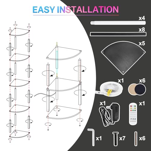 XIIW 5 Tiers Corner Shelf with Light, RGB LED Corner Bookshelf Standing Floor Lamp via App and Remote Control, Modern Corner Display Cabinet with Storage Rack for Living Room Bedroom Home