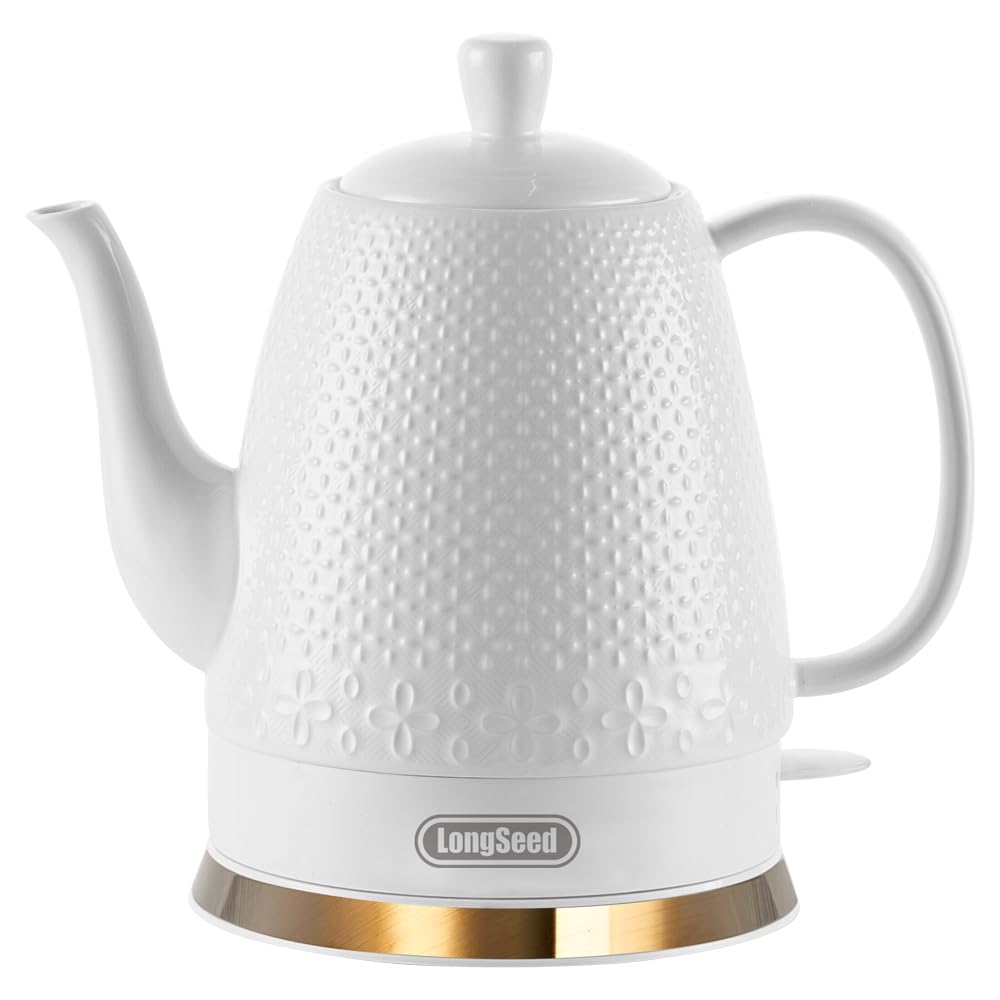 LONGSEED Ceramic Electric Kettle with Fine Mesh Infuser, 1.2L/1000W Boil Water Quickly and Easily with Boil-Dry Protection Auto Shut Off, Detachable Swivel Base, Glazed Relief Carving