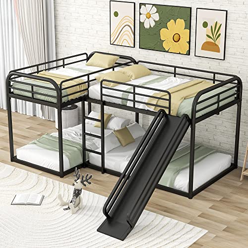 RORIGAT Quad Bunk Bed with Slide, L Shaped Bunk Bed for 4, Heavy-Duty Metal Floor Bunk Bed Frame Full and Twin Size for Kids Teens Girls Boys,Black