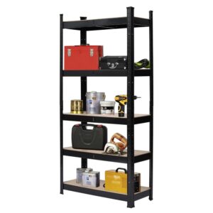 5-tier adjustable storage shelving, heavy duty garage shelves, metal organizer utility rack large storage capacity sturdy & stable galvanized steel & mdf rust-resistant display goods efficiently black