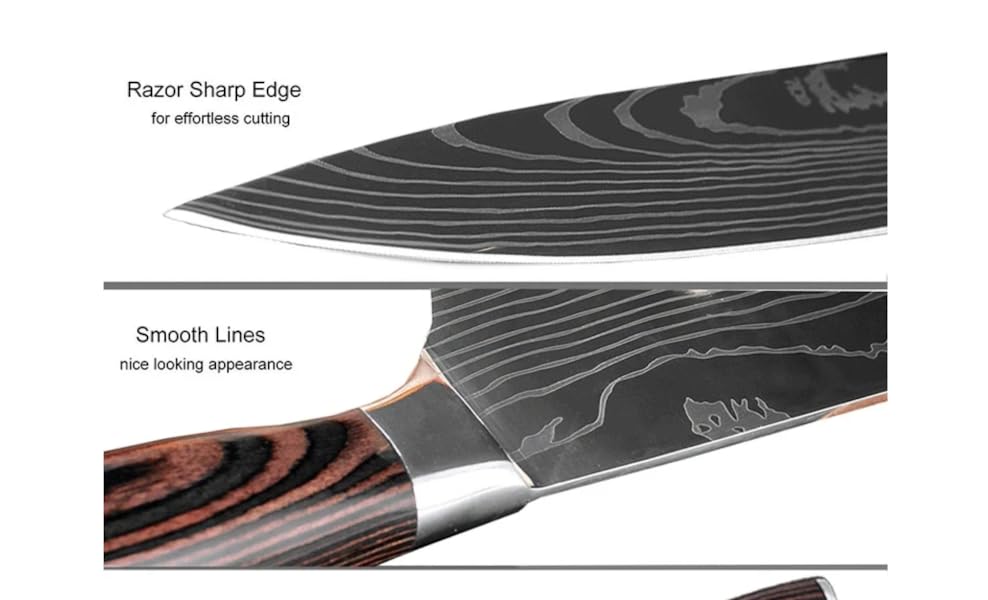 Damascus Kitchen Knives Set of 5 – Razor-Sharp Steel, Laser-Cut Damascus Pattern, Includes Chef Knife, Santoku, Nakari & Paring Knife for Precision Cutting in Home or Professional Kitchens