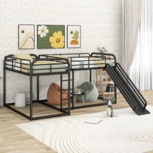 RORIGAT Quad Bunk Bed with Slide, L Shaped Bunk Bed for 4, Heavy-Duty Metal Floor Bunk Bed Frame Full and Twin Size for Kids Teens Girls Boys,Black