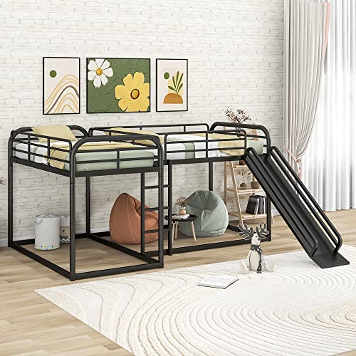 RORIGAT Quad Bunk Bed with Slide, L Shaped Bunk Bed for 4, Heavy-Duty Metal Floor Bunk Bed Frame Full and Twin Size for Kids Teens Girls Boys,Black