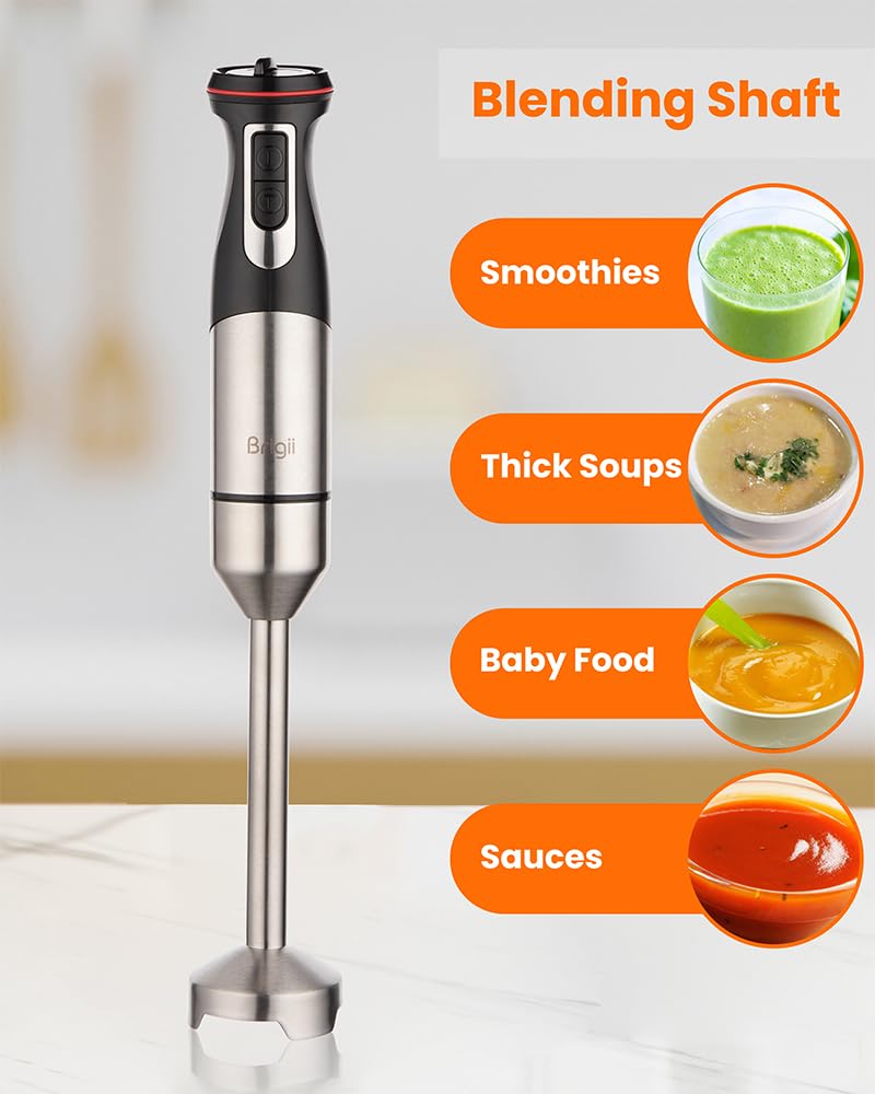 Brigii 800W Hand Blender, Immersion Hand Blender with 5 Mixing Speed, Handheld Blender Set including Blending Shaft, Food Chopper, Egg Whisk, Milk Frother, and Mixing Cup-Black