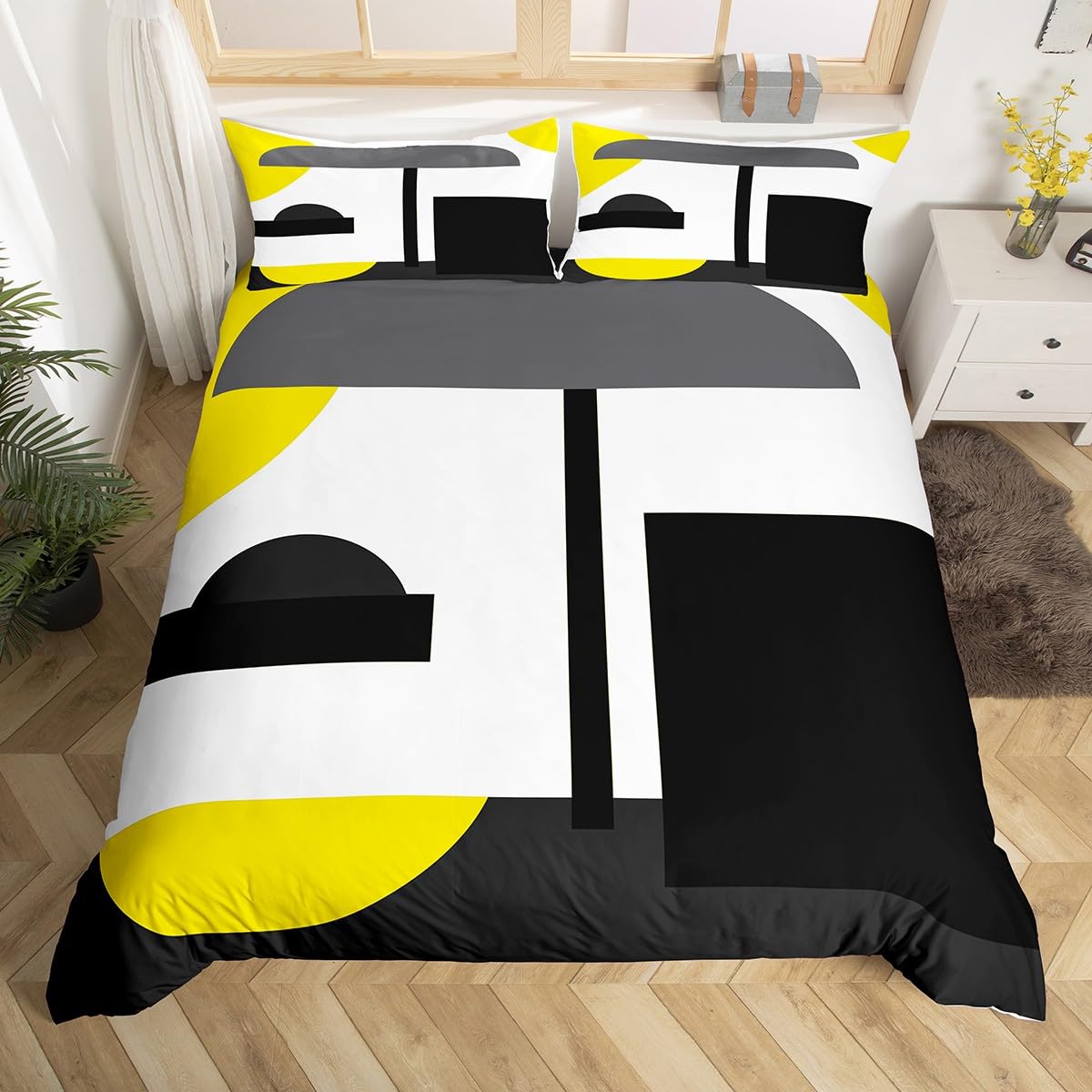 Erosebridal Geometric Bedding Set for Boys, Yellow Black Grey White Comforter Cover Geometry Irregular Shape Comforter Cover King Size for Kids Teens Adult Men, Rustic Farmhouse Country Bed Set