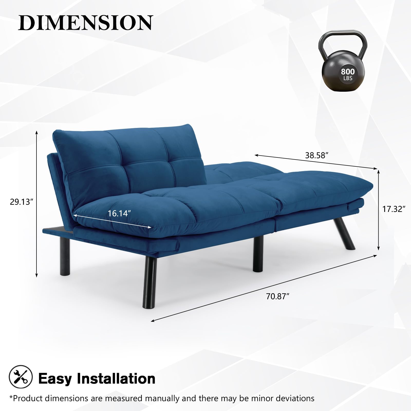 KINFFICT Convertible Futon Sofa Couch Bed, Modern Memory Foam Sleeper Loveseat Sofa with Adjustable Armrests & Backrests, Comfy Love Seat for Living Room, Bedroom, Office, Apartment, Small Space