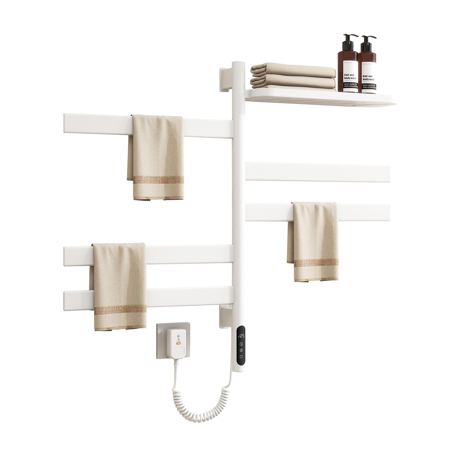 Heated Towel Rack with Top Tray,Electric Swivel Towel Rack Wall Mounted Drying Rack, Towel Warmer 5 Bars with Built-in Timer, for Home Bathroom, Salons and Spas,Plug-in or Hardwired,White