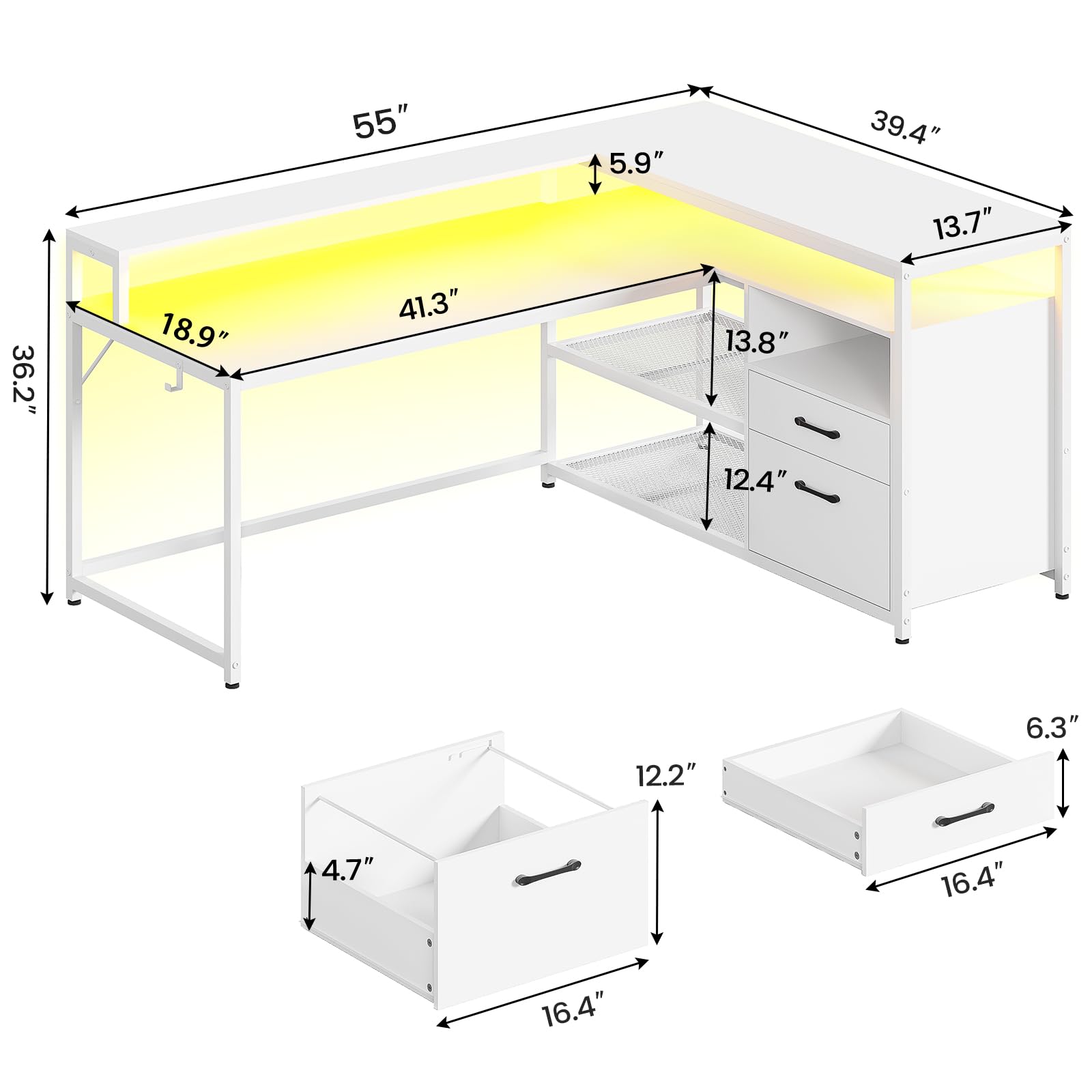 SEDETA White Computer Desk with Drawers, 55" Home Office Desk with File Drawer and Storage Shelves, L Shaped Gaming Desk with LED Lights and Monitor Shelf