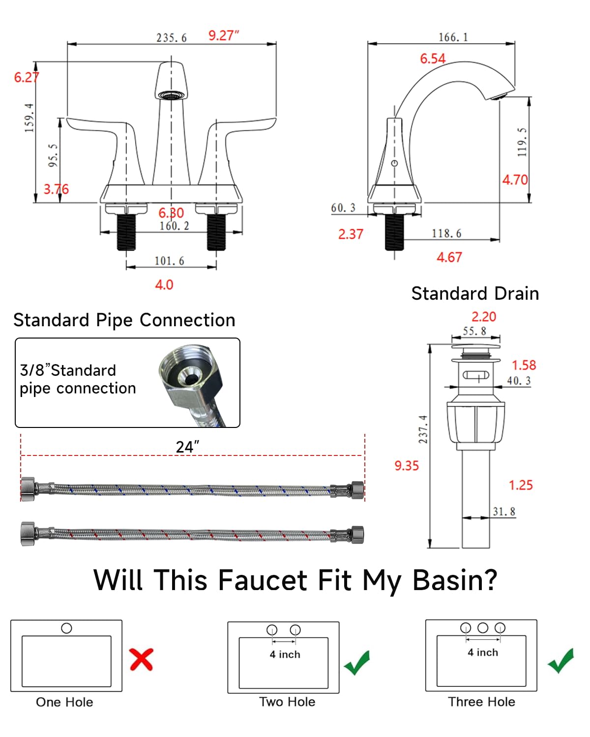 Brushed Nickel Bathroom Sink Faucet - Rainsworth 4 inch Widerspread Bathroom Faucets for 3 Hole with 2-Handles Pop-up Drain, Touch on Morden Faucet for Vanity RV Bath