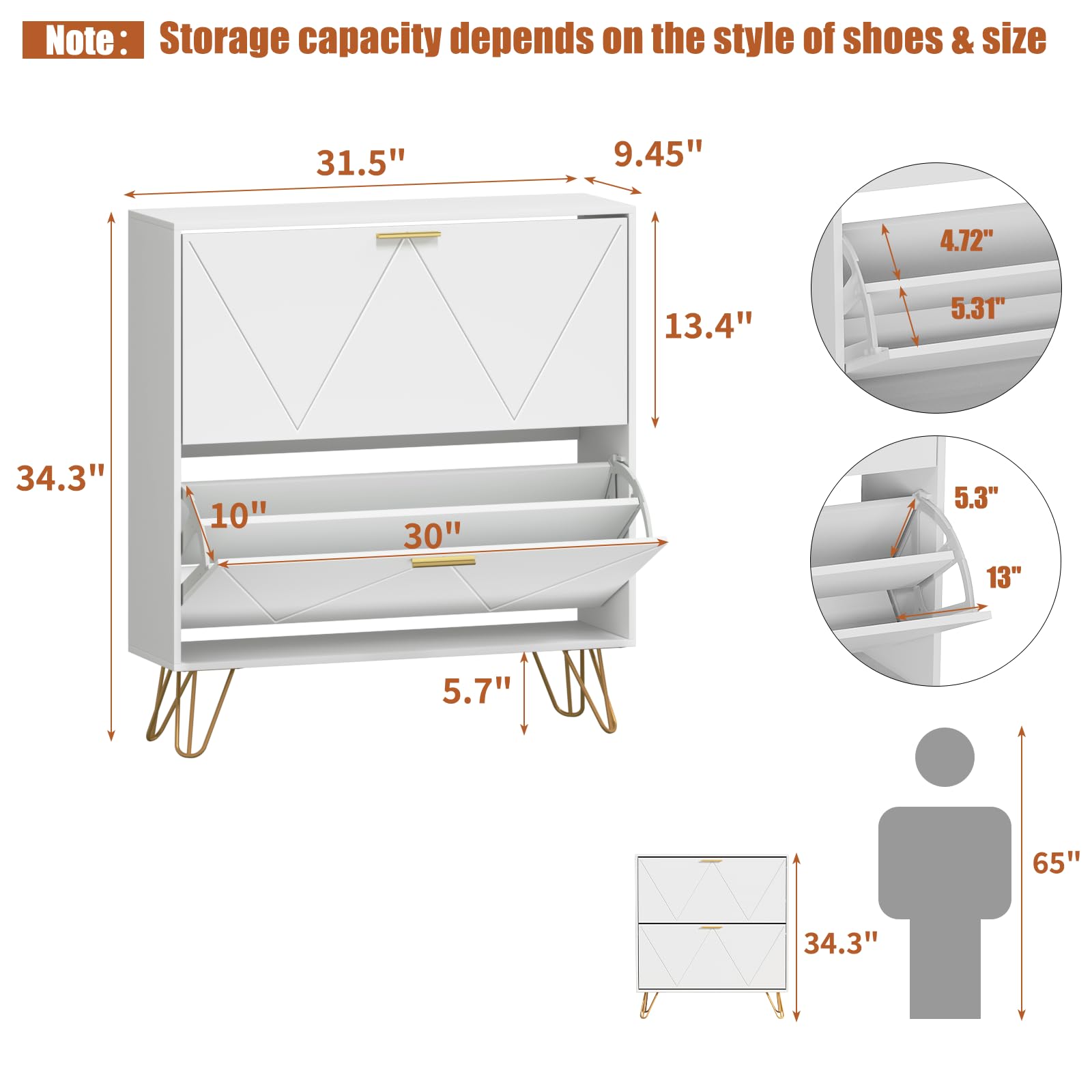 CARPETNAL Shoe Cabinet for Entryway Slim, White Shoe Storage Cabinet with 2 Flip Drawers, Narrow Shoe Rack Cabinet, Freestanding Shoe Cabinet Organizer with Metal Handle and Legs for Entryway, Hallway