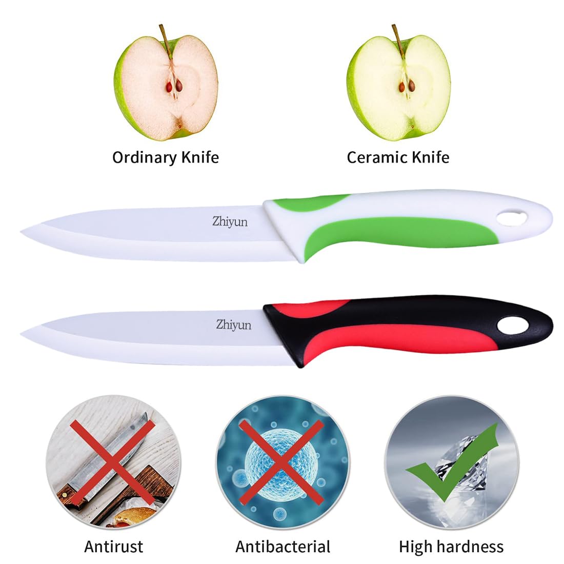 Zhiyun Paring knife 2 pcs Ceramic Knives 4 Inch Fruit Knife, Zirconia Blade with Ergonomic Comfort Handle,use for Fruit Vegetable Bread and Meat,2 knives with covers(Green and Black)