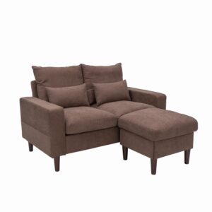 Panana 54.5" Wide Sofa Loveseat with Ottoman, Compact 2 Seater Couch for Small Speace Living Room (Brown Linen, Track arm with Storage Side Pockets)