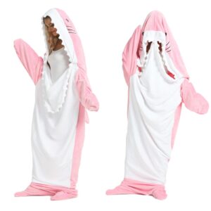 shark blanket for adult & kids - cozy and warm wearable shark blanket hoodie onesie - cute and funny cartoon shark one-piece blanket flannel hoodie, pink (l)