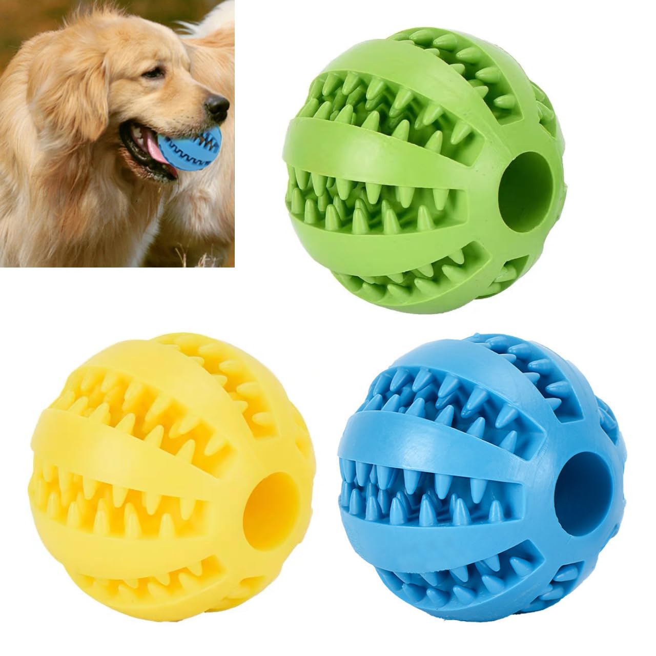 Green Hut 3 Pack 2.75" Interactive Dog Toys, Dog Toys Ball, Durable Dog Puzzle Toys, Teeth Cleaning Dispensing Dog Toys, Feeder Chew Tooth Cleaning Ball, Bite Resistant Toy Ball for Large Dogs