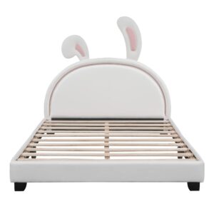 Merax Full Size Upholstered Leather Platform Bed with Bunny Ears Headboard, Platform Bed Frame with Rabbit Ornament for Kids, Child's Bedroom, No Box Spring Needed, White