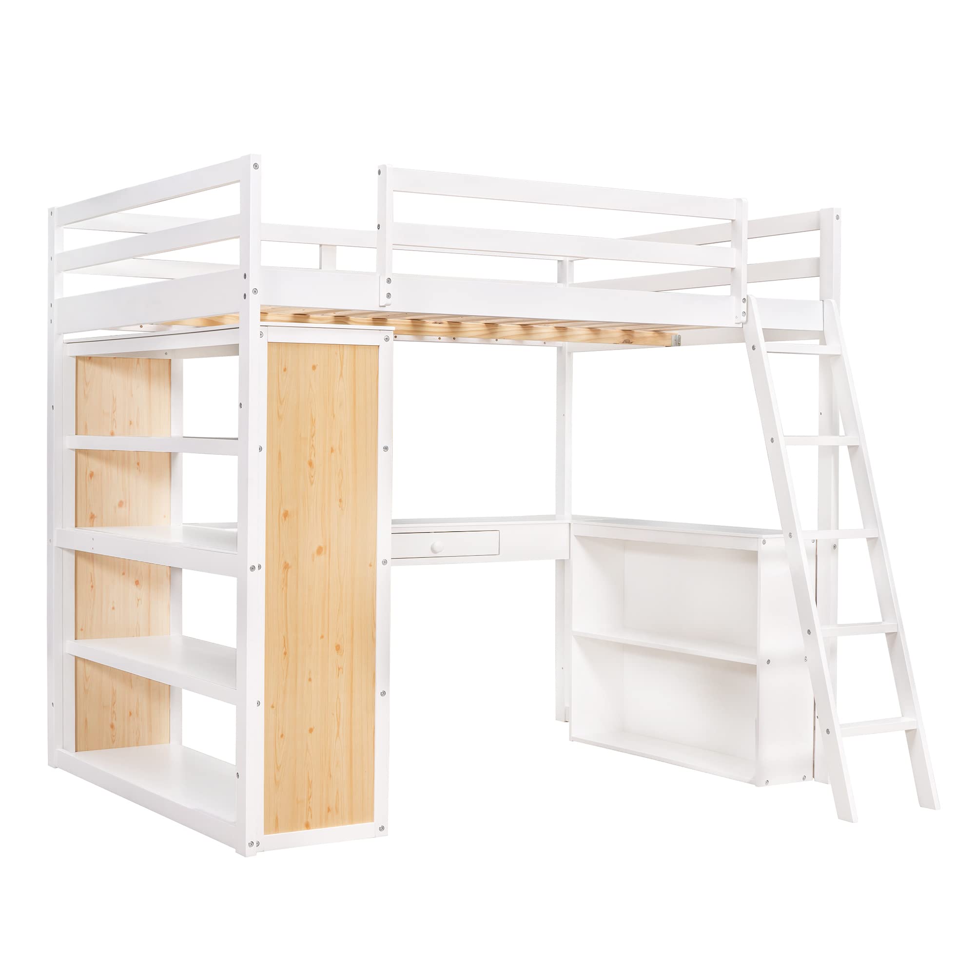 BIADNBZ Full Size Loft Bed with Desk, Shelves, Drawer and Ladder, Solid Wood Bedframe, for Kids Teens Adults Bedroom, White