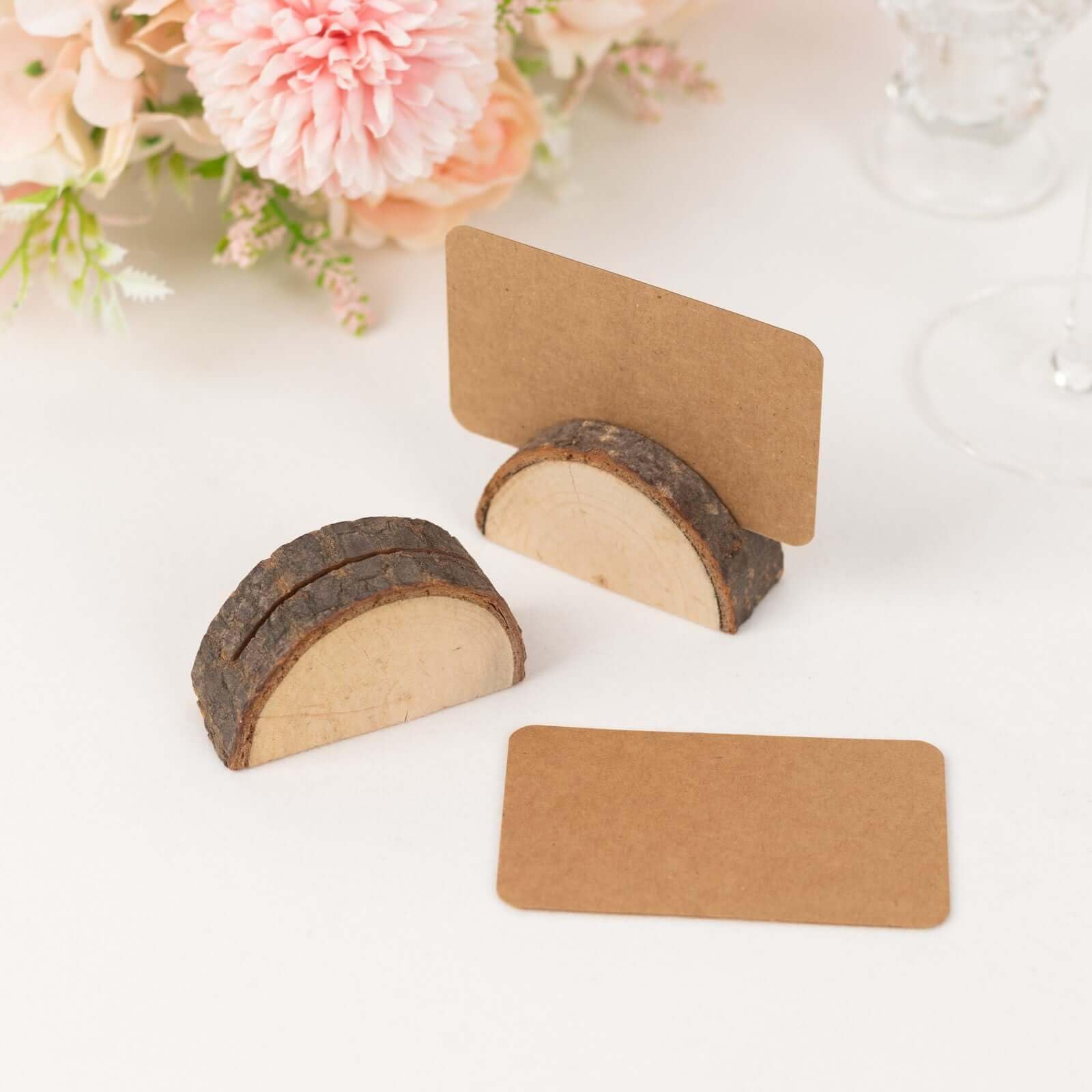 Efavormart Set of 10 Semicircle Rustic Wood Place Card Holders with Brown Paper Place Cards, Wedding Table Number Display Stands - 2.5"