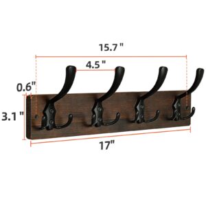 UDENIS Wall Mount Wooden Coat Rack,Coat Hanger with 4 Metal Hooks for Dog leashes Key Towel Robe Coat Entryway Bathroom Mudroom,Dark Brown