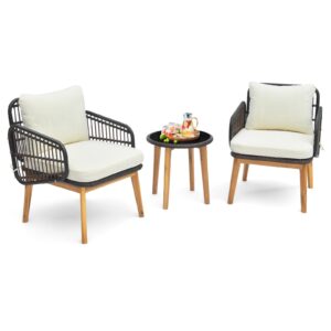 happygrill 3 pieces acacia wood patio bistro set, wicker outdoor furniture set with cushioned chairs and tempered glass side table, pe rattan wicker chair with table for porch, balcony, deck