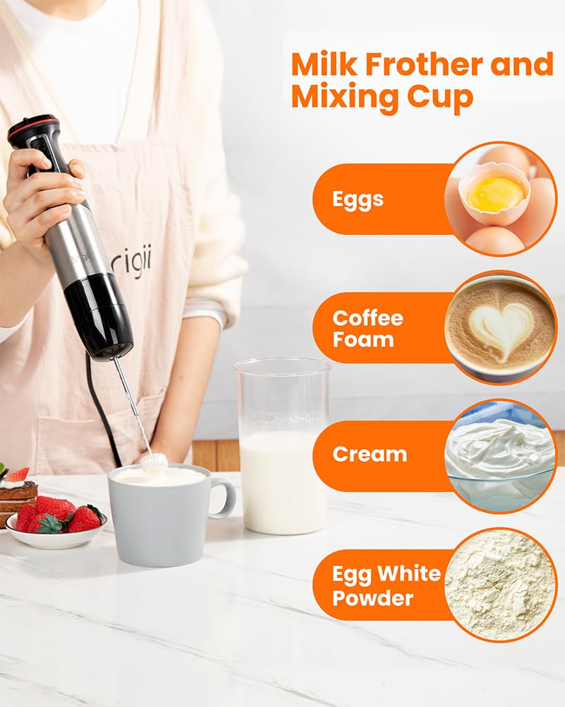 Brigii 800W Hand Blender, Immersion Hand Blender with 5 Mixing Speed, Handheld Blender Set including Blending Shaft, Food Chopper, Egg Whisk, Milk Frother, and Mixing Cup-Black