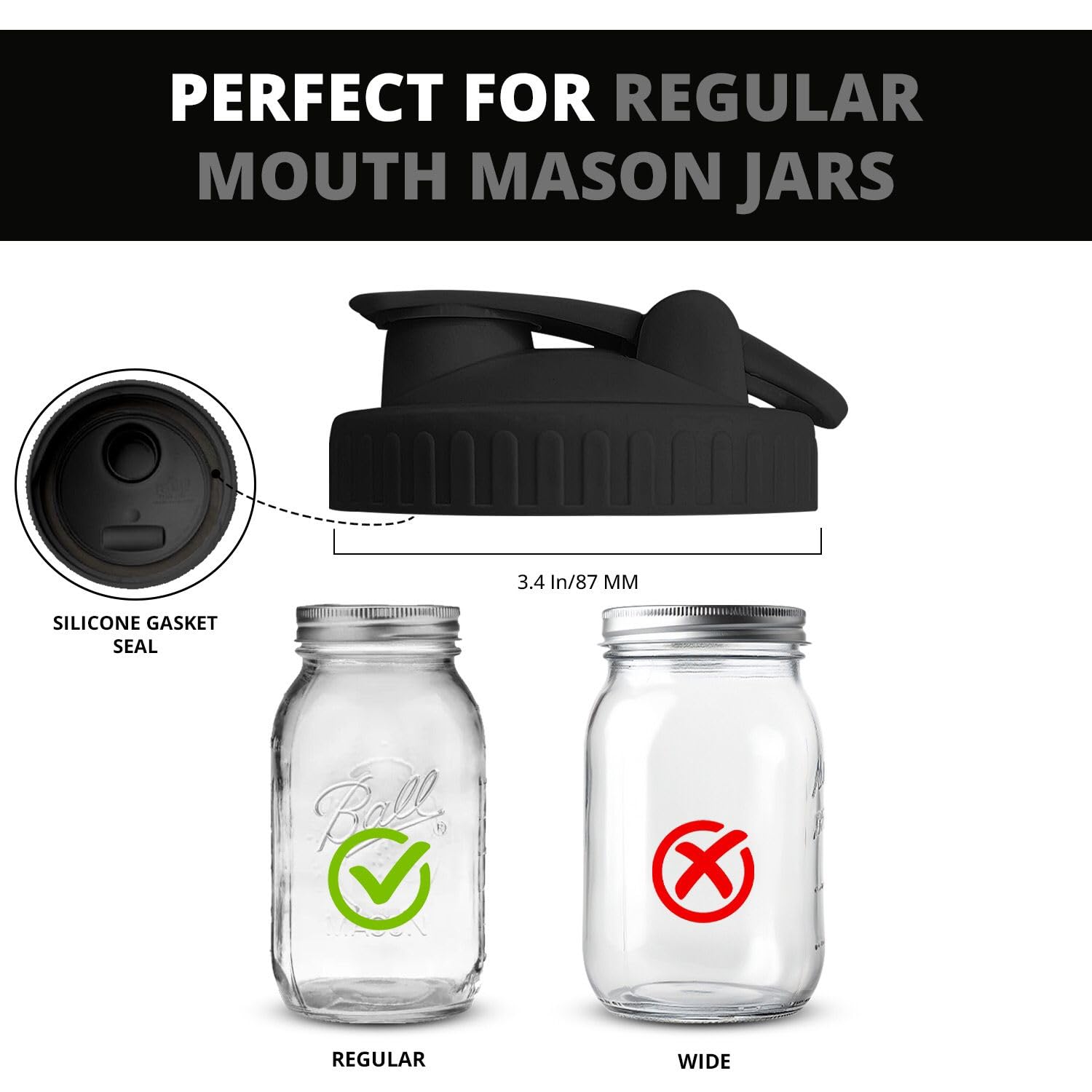 2 Pack Regular Mouth Flip Cap Mason Jar Lids for Mason Jars - Airtight Sealing, Leak-Proof Design, and Convenient Pouring Spout (Jars Sold Separately) (Black)