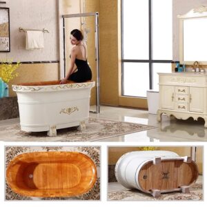 MegLob Free Standing Thickened Solid Wood Bathtub, Oval Soaker Tub, Classic Hand-Carved All-Wood Deep Soaker, White Wooden Freestanding Bathtub with Inner Chair & Pop-Up Drain,160cm/62.99"