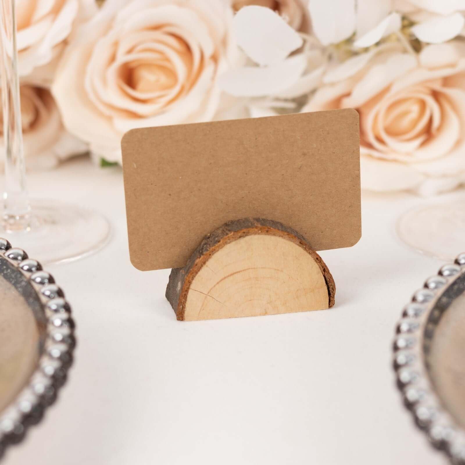 Efavormart Set of 10 Semicircle Rustic Wood Place Card Holders with Brown Paper Place Cards, Wedding Table Number Display Stands - 2.5"