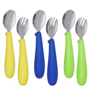 toddler utensils with silicone handle,6 pcs kids silverware set,baby forks and spoons for self-feeding,green yellow navy