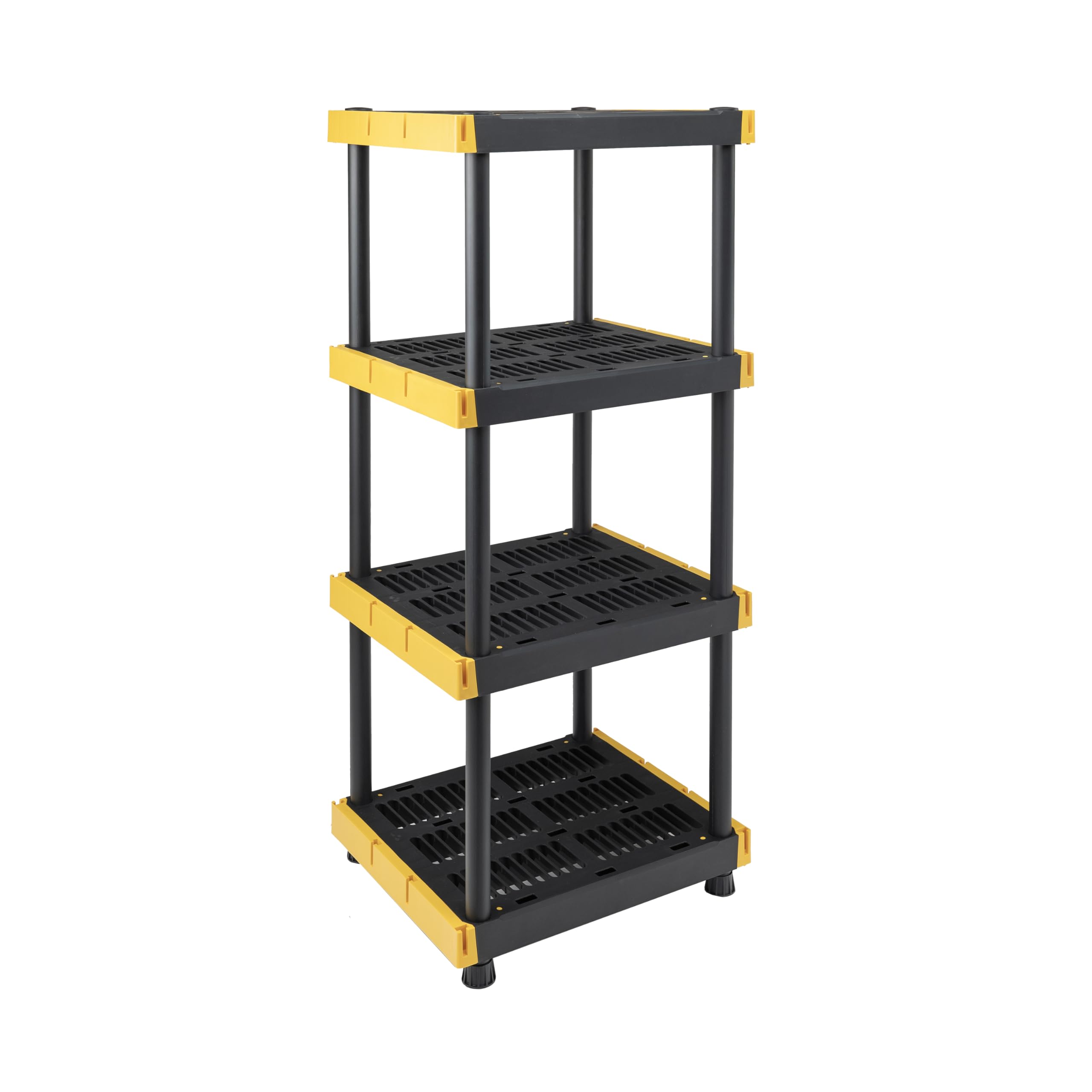 BLACK & YELLOW® 4-Tier Heavy Duty Plastic Storage Shelving Unit, 100lbs/shelf (55”H x 24”W x 20”D), for Indoor/Outdoor Organization, Modular Rack, Extremely Durable®, Made in The USA