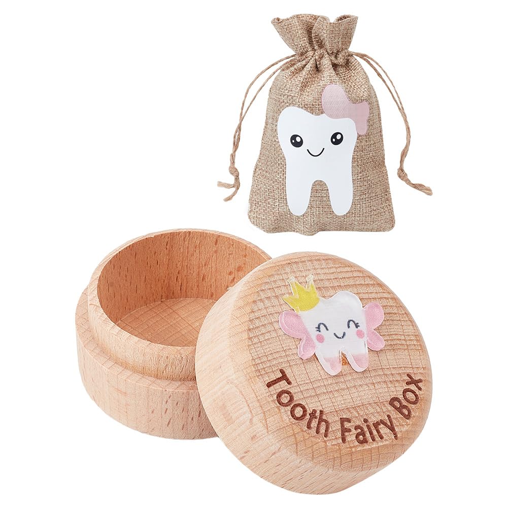 GOMAKERER 1 Set Tooth Fairy Box, Wooden Tooth Storage Box, Cute Tooth Keepsake Storage Box with Burlap Packing Pouches, First Lost Deciduous Teeth Collection for Gift