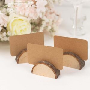 Efavormart Set of 10 Semicircle Rustic Wood Place Card Holders with Brown Paper Place Cards, Wedding Table Number Display Stands - 2.5"