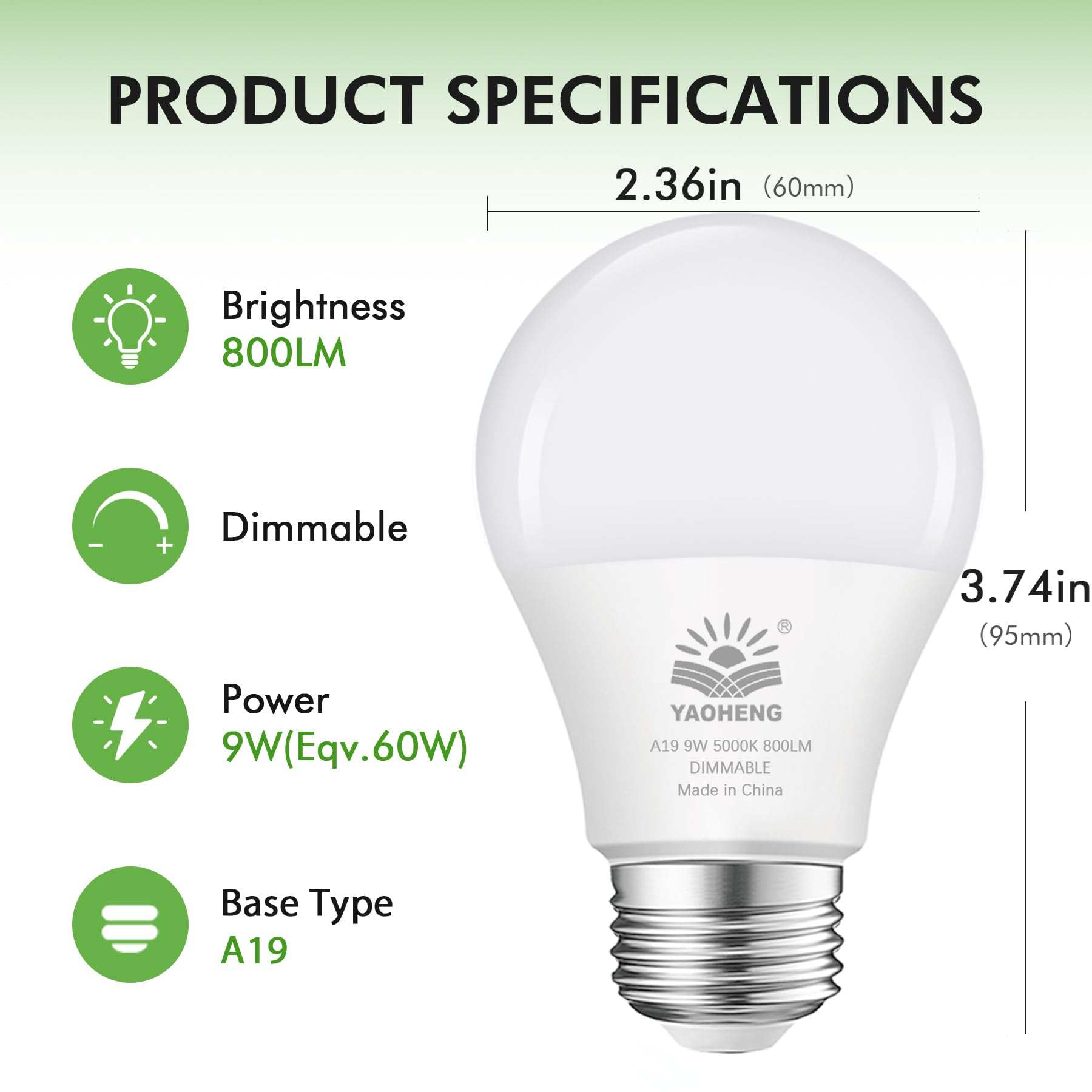 YAOHENG A19 LED Light Bulb, 9W(60W Equivalent) LED Bulbs, E26 Standard Base, 5000K Daylight, 800 Lumens, Dimmable 9W Bright White Light Bulbs for Home Office (16-Pack)