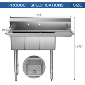 HARDURA Stainless Steel Kitchen Sink With 3 Compartments, Commercial Sink Right Drainboard Freestanding NSF Certified Utility Basin 10" L X 14" W X 10" D Bowl For Kitchen & Restaurant, Laundry Room