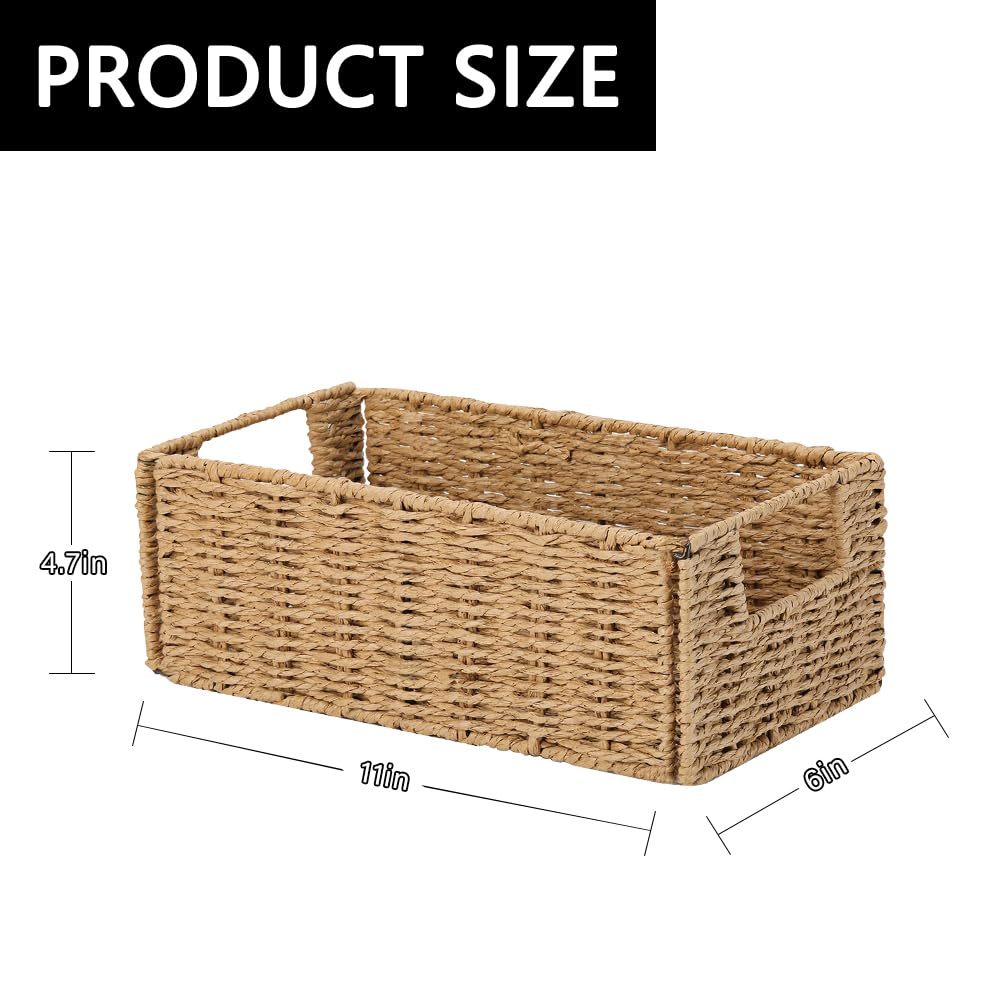 Toilet Paper Basket, Airsnigi 6 Pack Wicker Storage Basket Paper Rope Wicker Baskets with Handles, Small Wicker Storage Baskets for Organizing Shelves - Beige