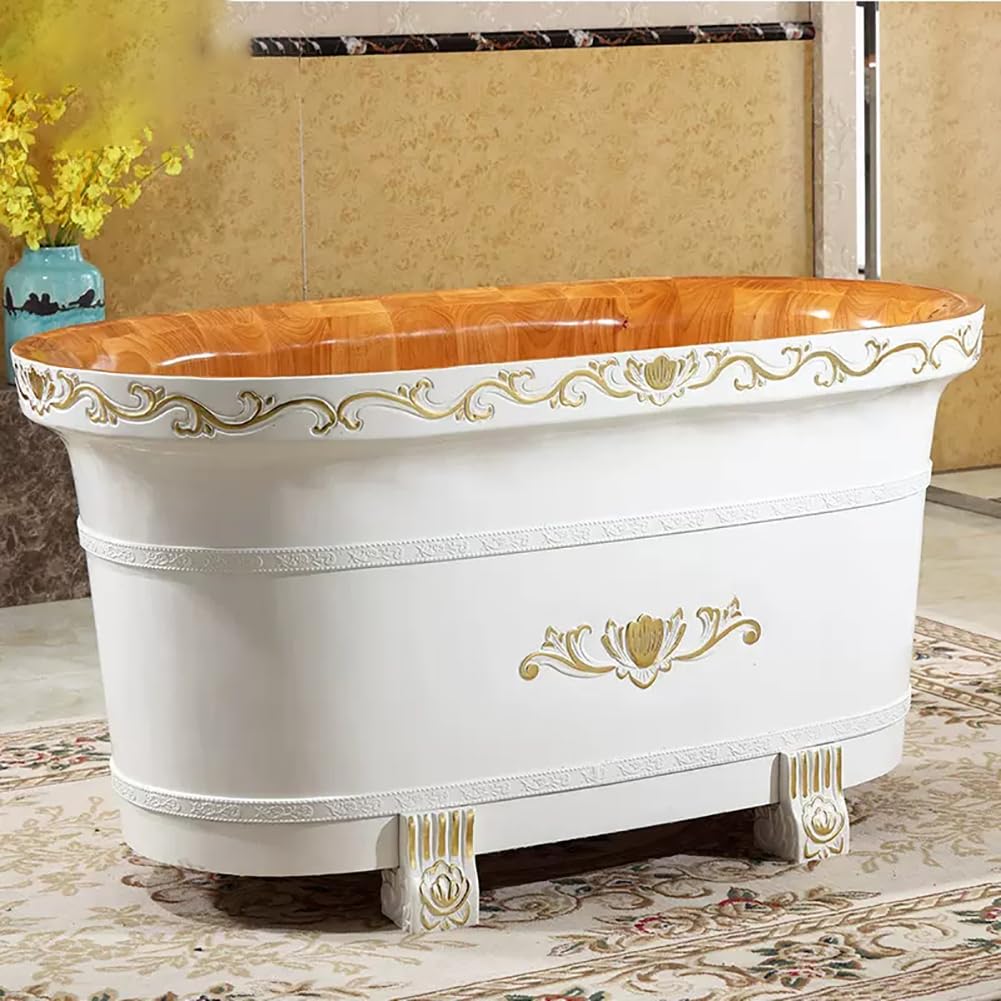 MegLob Free Standing Thickened Solid Wood Bathtub, Oval Soaker Tub, Classic Hand-Carved All-Wood Deep Soaker, White Wooden Freestanding Bathtub with Inner Chair & Pop-Up Drain,160cm/62.99"