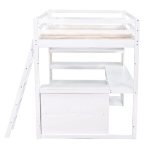 BIADNBZ Full Size Loft Bed with Desk, Shelves, Drawer and Ladder, Solid Wood Bedframe, for Kids Teens Adults Bedroom, White