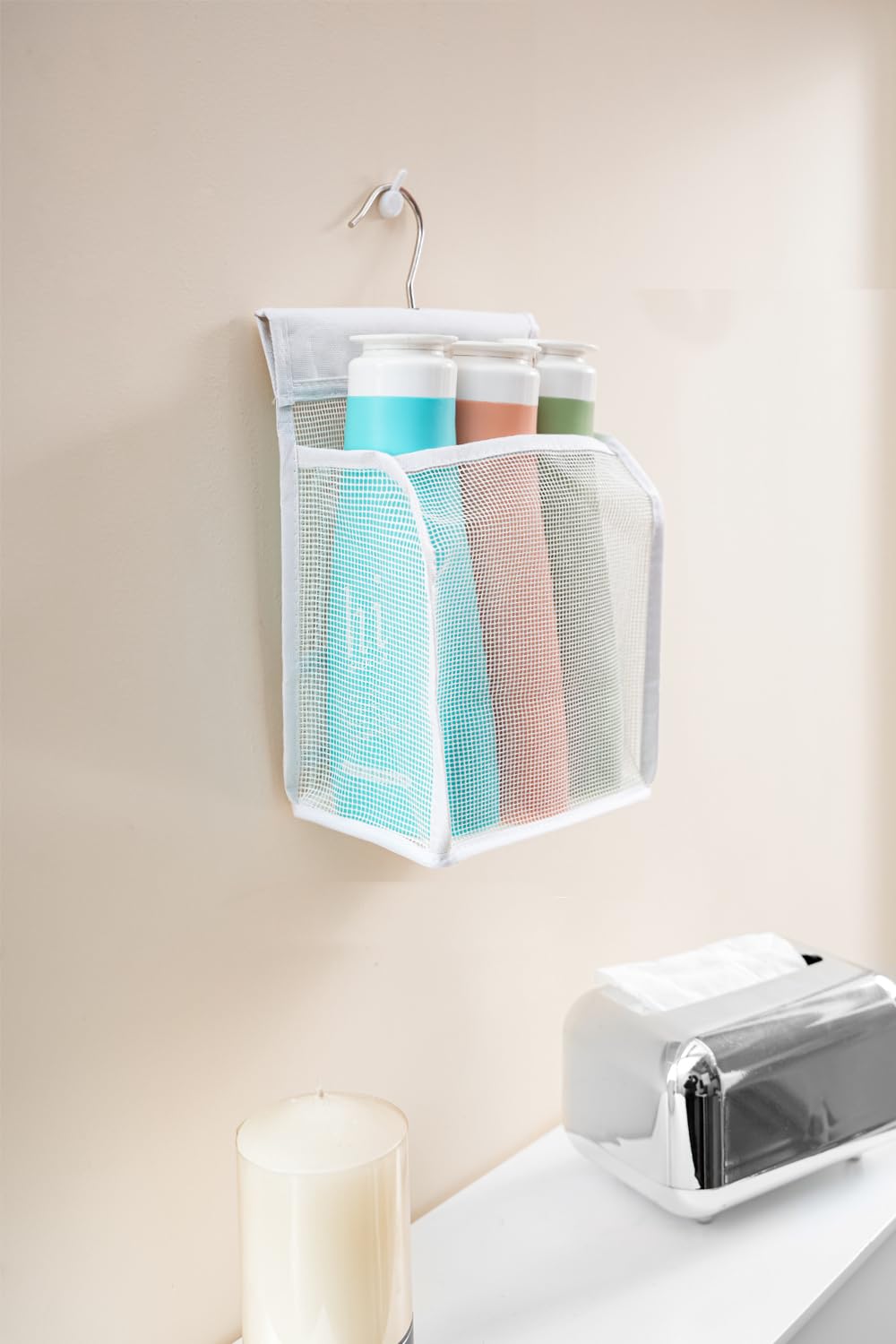 ALYER Hanging Mesh Shower Caddy Organizer Bathroom Storage Bag with Hooks for College Dorm, Gym, Swimming,RV and Travel,White