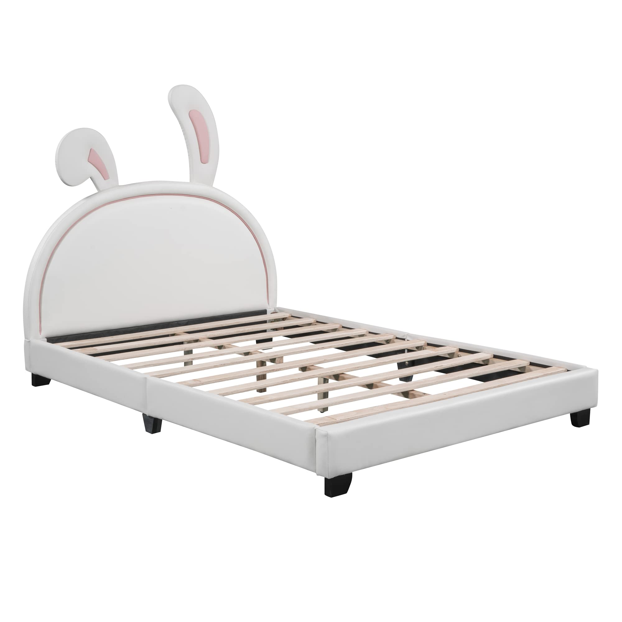 Merax Full Size Upholstered Leather Platform Bed with Bunny Ears Headboard, Platform Bed Frame with Rabbit Ornament for Kids, Child's Bedroom, No Box Spring Needed, White