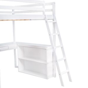 BIADNBZ Full Size Loft Bed with Desk, Shelves, Drawer and Ladder, Solid Wood Bedframe, for Kids Teens Adults Bedroom, White