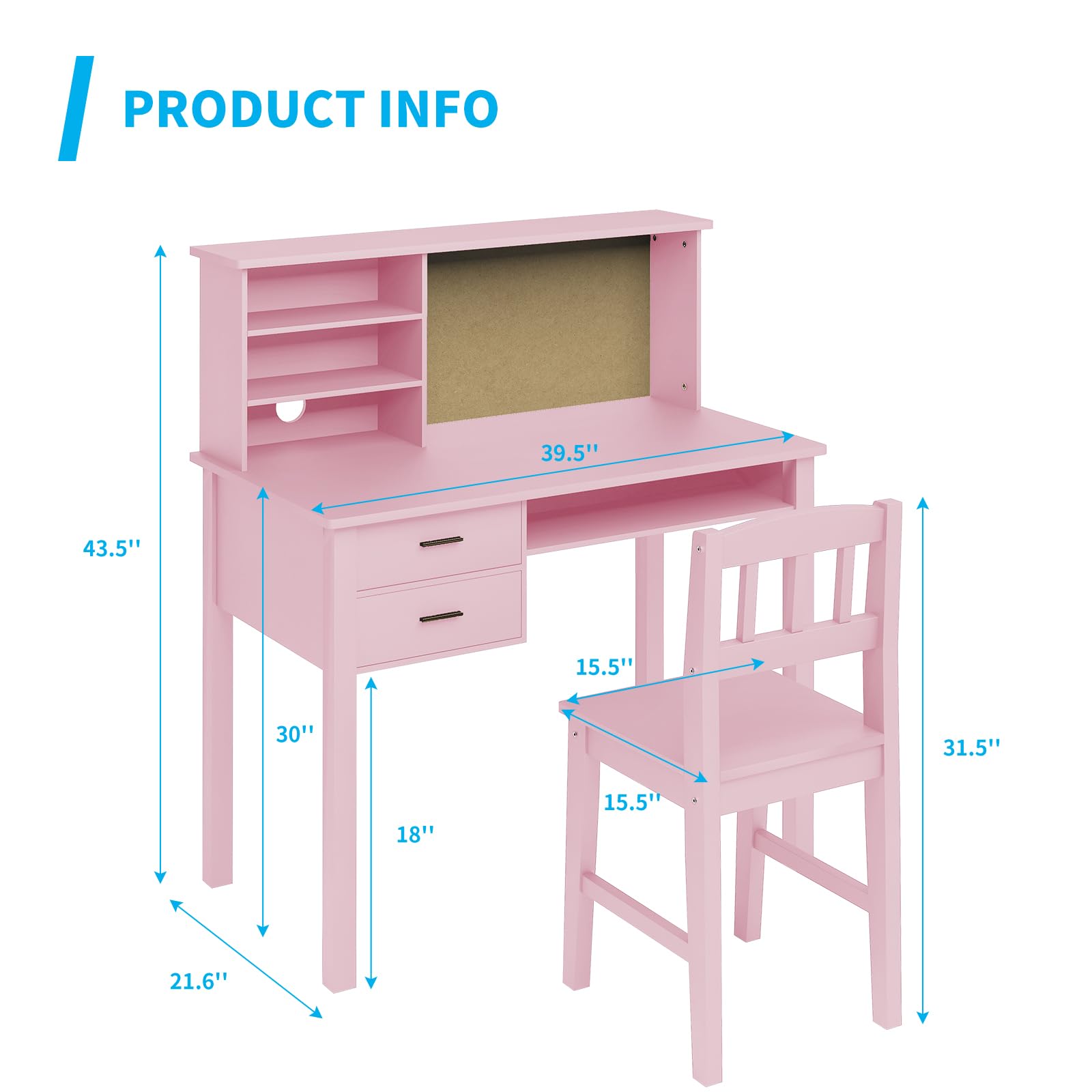 Mjkone Kids Table & Chair Set, Living and Learning Kids' Desk with Hutch and Chair Set, Children’s Desk with 2 Drawers for Storage, Students' Study Computer Workstation with Multiple Cubbies, Pink