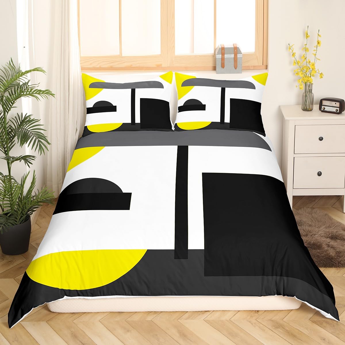 Erosebridal Geometric Bedding Set for Boys, Yellow Black Grey White Comforter Cover Geometry Irregular Shape Comforter Cover King Size for Kids Teens Adult Men, Rustic Farmhouse Country Bed Set