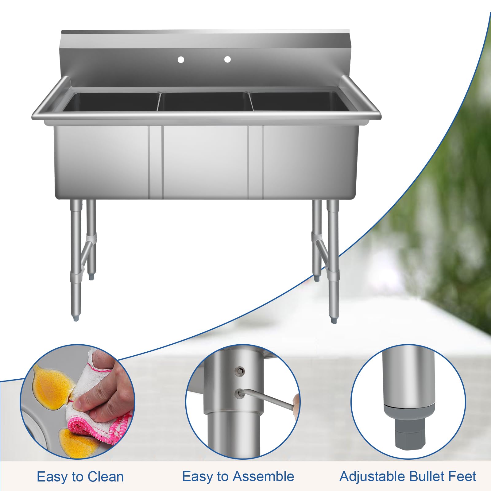 HARDURA Stainless Steel Kitchen Sink With 3 Compartments, Commercial Sink Freestanding NSF Certified Utility Basin 10" L X 14" W X 10" D Bowl For Kitchen & Restaurant, Laundry Room