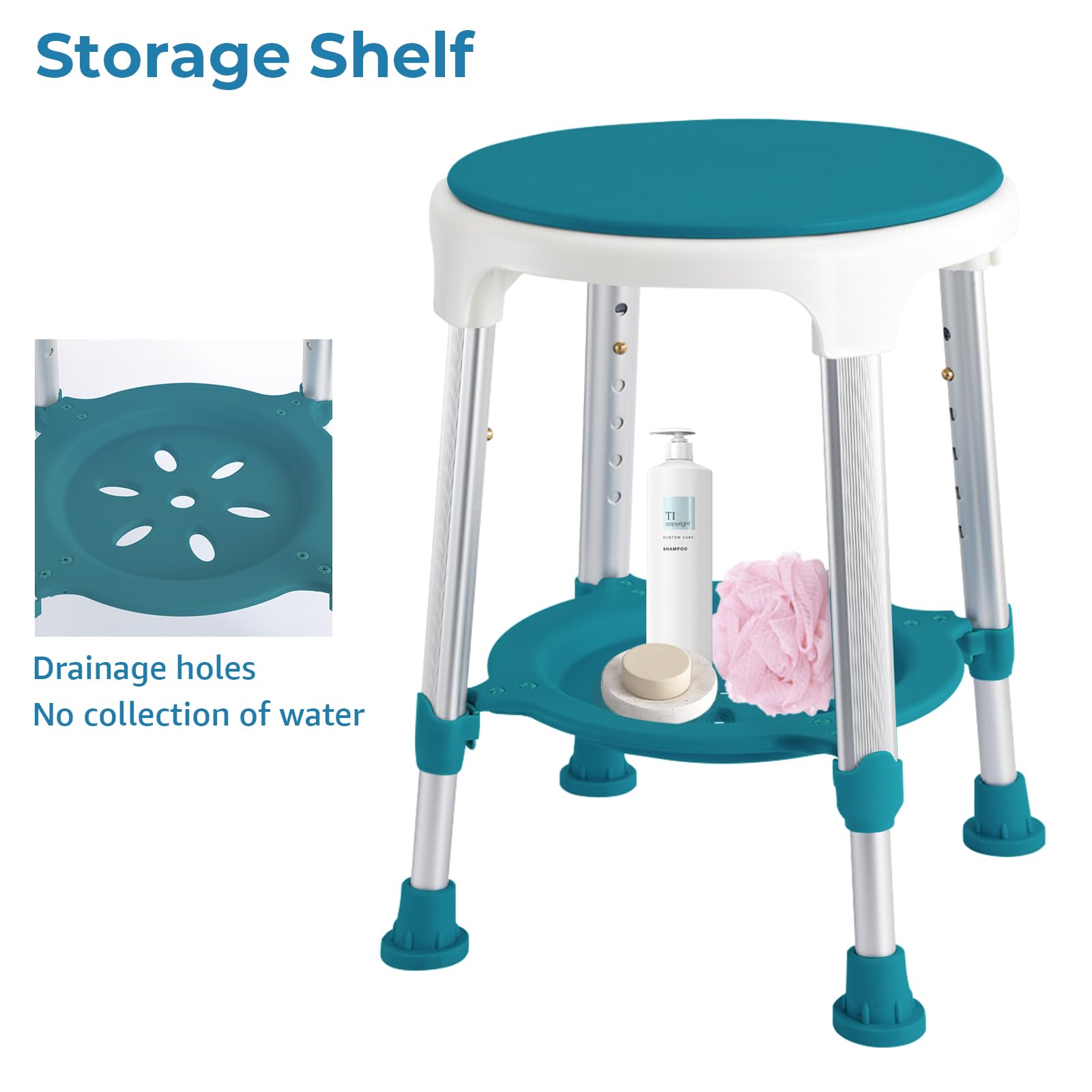 KSITEX Shower Stool Chair for Inside Shower, Upgrade Small Corner Plastic Stool for Seniors Adult, 360° Swivel Shower Stool Seat for Bathroom, 6-Level Adjustable Height Bath Chair Stools with Shelf