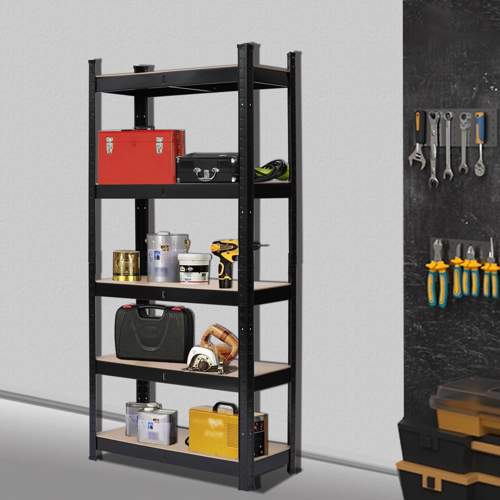 5-Tier Adjustable Storage Shelving, Heavy Duty Garage Shelves, Metal Organizer Utility Rack Large Storage Capacity Sturdy & Stable Galvanized Steel & MDF Rust-Resistant Display Goods Efficiently Black