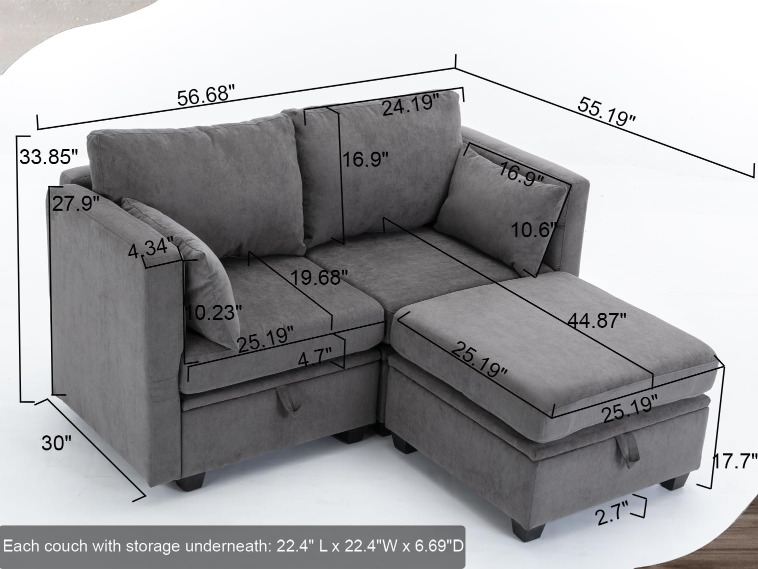 asunflower Modular Loveseat Couch with Storage Seat, Office Sofa Couch Small Sofa with Chaise Convertible 2 Seat Couch for Bedroom,Living Room, Dark Grey