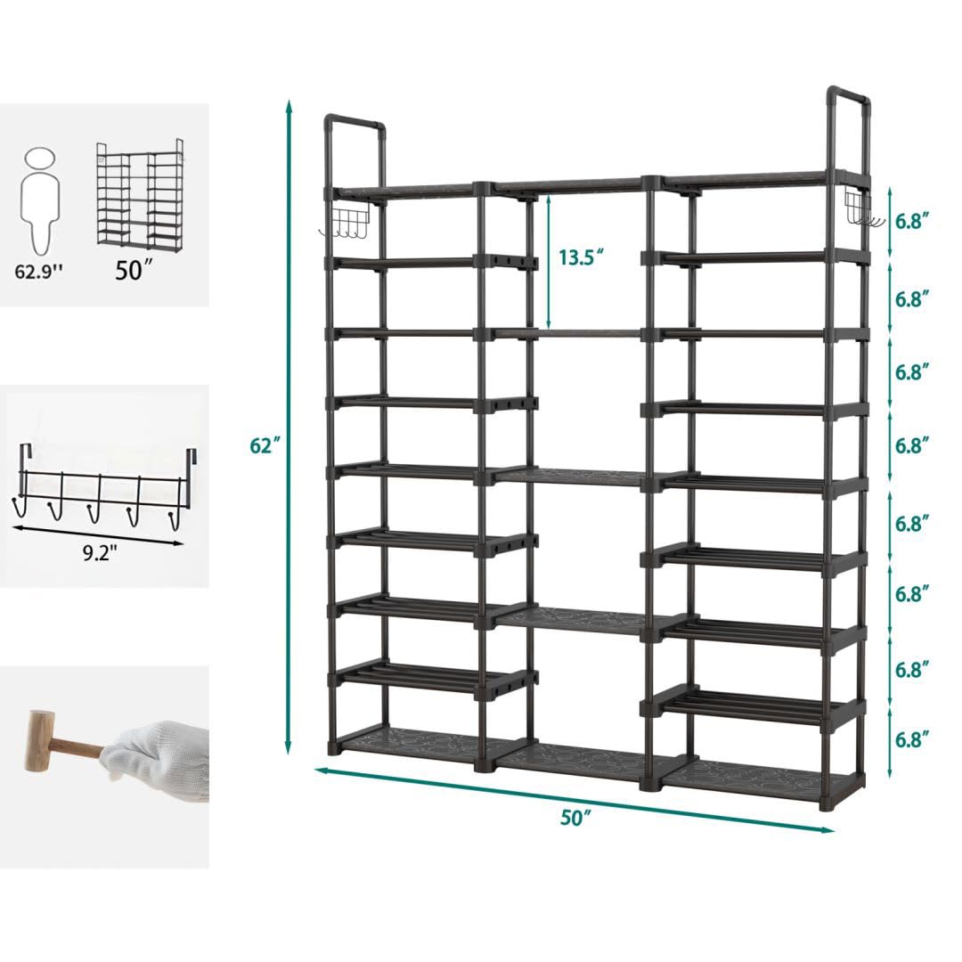 Piggy-G 9 Tiers Shoes Rack for Entryway, Shoe Organizer with Hook Rack, Shoe Storage Shelf Organizer Stackable Long Shoe Shelf for Hallway Entryway, Closet, Garage, Bedroom, Cloakroom